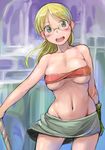  bandeau blonde_hair blush breasts glasses green_eyes groin long_hair made_in_abyss medium_breasts navel older open_mouth riko_(made_in_abyss) skirt smile solo spoilers strapless tsuda_nanafushi underboob 