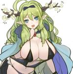  ahoge black_panties blue_eyes blush breasts cape cleavage flower flower-shaped_pupils fur_trim green_hair hair_ribbon horns large_breasts long_hair navel open_mouth panties pointy_ears pupps ribbon simple_background solo underwear white_background 