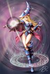  bare_shoulders blonde_hair blue_eyes blue_footwear boots breasts cape casting_spell choker cleavage dark_magician_girl duel_monster full_body hat highres jewelry kyokopro large_breasts long_hair off_shoulder pentacle pointing pointing_finger skirt solo staff wizard_hat yuu-gi-ou 