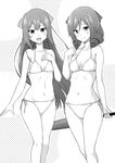  :d bare_shoulders bikini blush bow closed_umbrella collarbone drill_hair flat_chest greyscale hair_bow hair_ribbon harukaze_(kantai_collection) highres holding holding_umbrella kamikaze_(kantai_collection) kantai_collection long_hair looking_at_viewer monochrome multiple_girls navel open_mouth ribbon side-tie_bikini smile standing swimsuit twin_drills umbrella yuuki_kazuhito 