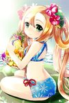  bikini blonde_hair drinking_straw flower food fruit fruit_cup green_eyes hair_flower hair_ornament hair_rings hibiscus highres long_hair meimei_(p&amp;d) pikomarie pineapple puzzle_&amp;_dragons sitting smile solo swimsuit tropical_drink turtle_shell very_long_hair water 