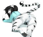  2016 all_fours anthro anus ass_up black_fur black_hair bottomless butt clothed clothing feline female fur hair looking_at_viewer lost-paw mammal presenting presenting_hindquarters pussy raised_tail solo stripes tiger white_fur 