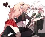  1girl absurdres blue_eyes breasts cleavage danganronpa enoshima_junko hair_ornament highres hood hoodie jacket komaeda_nagito long_hair medium_breasts nail_polish necktie pink_hair red_nails skirt sleeves_rolled_up smile spoilers super_danganronpa_2 twintails white_hair yolk_tomatosauce 