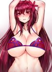  armpits arms_up bikini_top blush breasts cleavage collarbone eyebrows eyebrows_visible_through_hair fate/grand_order fate_(series) flower gradient gradient_background hair_flower hair_ornament hibiscus huge_breasts light_smile long_hair looking_at_viewer navel nose_blush osiimi parted_lips purple_eyes purple_hair red_flower scathach_(fate)_(all) scathach_(swimsuit_assassin)_(fate) sidelocks solo swimsuit thighhighs underboob 
