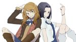 bad_id bad_twitter_id black_hair blue_eyes blue_skirt boots bow bowtie brown_eyes brown_hair coat coppelion grin indian_style irae_creation long_hair looking_at_viewer loose_socks middle_finger miniskirt multiple_girls necktie ozu_kanon ozu_shion pale_skin scarf shirt short_sleeves siblings sisters sitting skirt smile socks transparent_background white_shirt 