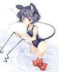  1girl afloat animal_ears dowsing_rod floating floating_object grey_hair highres holding jewelry kasuka_(kusuki) mouse_ears mouse_tail nazrin one-piece_swimsuit pendant red_eyes school_swimsuit simple_background solo swimsuit tail touhou wading water white_background 