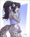  2016 5_fingers abstract_background anthro black_hair blush clothed clothing crossdressing feline feralise fur grey_fur grey_tail hair leopard long_hair looking_at_viewer male mammal panties penis pink_nose purple_eyes side_view signature smile spots spotted_fur spotted_tail underwear white_fur 