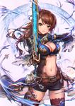  aiming aiming_at_viewer bangs beatrix_(granblue_fantasy) belly belt belt_buckle black_shorts blue_footwear boots breasts brown_hair brown_legwear buckle chromatic_aberration cleavage cowboy_shot crop_top eyelashes floating_hair gauntlets granblue_fantasy green_eyes haoni holding holding_sword holding_weapon large_breasts long_hair looking_at_viewer medium_breasts midriff navel outstretched_arm parted_lips pauldrons ponytail shorts solo stomach sword thigh_boots thighhighs turtleneck uneven_eyes visible_air waistcoat weapon wide_sleeves 