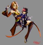  2girls annie_hastur bare_shoulders barefoot defense_of_the_ancients detached_sleeves dota_2 gloves green_eyes hairband invisible_chair league_of_legends lina_inverse_(dota_2) multiple_girls on_lap pink_hair power_connection red_hair short_hair sitting striped striped_legwear stuffed_animal stuffed_toy teddy_bear toeless_legwear tryyourbest white_gloves 