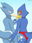  avian blue_feathers blush butt clothing duo falco_lombardi feathers golduck hand_holding hand_on_butt looking_at_viewer male male/male nintendo pok&eacute;mon smile standing star_fox underwear video_games winick-lim 