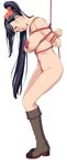  amano_ameno arms_behind_back bdsm black_hair blush bondage boots bound bound_wrists breasts brown_eyes covered_nipples crotch_rope flower hair_flower hair_ornament heart heart_pasties highres knee_boots koutetsujou_no_kabaneri large_breasts long_hair looking_at_viewer navel parted_lips pasties ponytail shibari simple_background solo sweat very_long_hair white_background yomogawa_ayame 