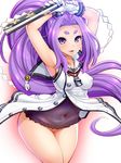  armpits arms_up bottomless breasts closed_fan covered_navel covered_nipples dress fan folding_fan gloves hair_intakes hatsuharu_(kantai_collection) highres kantai_collection long_hair looking_at_viewer medium_breasts parted_lips ponytail purple_eyes purple_hair r44 remodel_(kantai_collection) sailor_dress smile solo very_long_hair white_gloves 