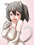  animal_ears black_hair blush breasts cat_ears cat_girl cat_paws cat_tail cleavage eyebrows eyebrows_visible_through_hair fangs kyabe_tsuka large_breasts looking_at_viewer monster_girl monster_musume_no_iru_nichijou monster_musume_no_iru_nichijou_online paws red_eyes snout solo striped_tail suzie_(monster_musume) sweat tail tongue upper_body 