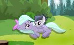  2016 absurd_res black_hair blush bush cutie_mark duo equine eye_contact feathered_wings feathers female feral flitter_(mlp) friendship_is_magic fur grass grey_fur hair hair_bow hair_ribbon hi_res horse hug lying male mammal my_little_pony nature on_side outside pegasus pony purple_eyes purple_feathers purple_fur ribbons rumble_(mlp) shutterflyeqd sky tree wings 