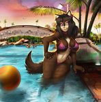  big_breasts bikini breasts clothed clothing collar female hair inner_ear_fluff ipan purple_eyes skimpy solo swimming_pool swimsuit unknown_species wide_hips 