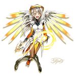  absurdres artist_name blush breasts cosplay full_body gloves grey_hair highres holding holding_staff jindai3663 knees_together_feet_apart large_breasts long_hair looking_at_viewer love_live! love_live!_school_idol_project mechanical_halo mechanical_wings mercy_(overwatch) mercy_(overwatch)_(cosplay) minami_kotori one_side_up open_mouth overwatch pantyhose signature simple_background smile solo spread_wings staff white_background wings yellow_eyes yellow_wings 