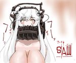  breasts cleavage covered_mouth horns kantai_collection large_breasts long_hair looking_at_viewer midway_hime pale_skin saizu_nitou_gunsou saw_(movie) shinkaisei-kan solo very_long_hair white_hair white_skin yellow_eyes 