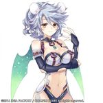  animal_ears bare_shoulders blue_hair breasts brown_eyes crossed_arms elbow_gloves fairy_fencer_f gloves highres large_breasts looking_at_viewer short_hair simple_background solo tsunako vivia white_background wings zipper_pull_tab 