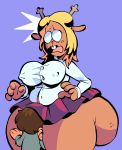  4_fingers ambiguous_gender anthro big_breasts big_butt blonde_hair breasts buckteeth butt cervine clothed clothing deltarune duo female female/ambiguous female_focus fingers freckles fully_clothed grey_background hair hi_res horn huge_butt human human_on_anthro interspecies kris_(deltarune) larger_female looking_down mammal miniskirt nipple_bulge noelle_holiday nondelismell open_mouth overweight overweight_female pink_nose reindeer short_hair simple_background size_difference skirt smaller_ambiguous solo_focus standing surprise teeth video_games voluptuous wide_hips 