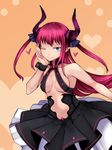  ;) aoshima armpits bare_shoulders black_ribbon black_skirt blue_eyes breasts closed_mouth collarbone commentary_request cowboy_shot elizabeth_bathory_(fate) elizabeth_bathory_(fate)_(all) fate/extra fate/extra_ccc fate_(series) hand_on_own_cheek heart highres horn_ornament horn_ribbon horns long_hair medium_breasts navel one_eye_closed outstretched_arm pink_hair pink_lips pointy_ears revealing_clothes ribbon sideboob skirt smile solo standing stomach two-tone_background underboob very_long_hair wrist_cuffs 