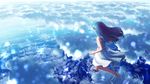  bangs bare_shoulders barefoot blue blue_hair blunt_bangs bubble cloud cloudy_sky commentary_request dress facing_away from_above from_behind long_hair ocean original outdoors reflection ripples running sky sleeveless sleeveless_dress solo splashing sundress waves white_dress yue_(tada_no_saboten) 