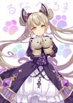  :&lt; bangs blonde_hair bow double_bun dress hair_bow hair_ornament hand_puppet holding long_hair long_sleeves looking_at_viewer luna_(shadowverse) nyori paw_print puffy_long_sleeves puffy_sleeves puppet purple_dress red_ribbon ribbon shadowverse sidelocks simple_background solo translation_request twintails white_background yellow_eyes 