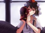  bangs black_hair black_wings collared_shirt dress_shirt feathered_wings hat holding holding_mask ina_(inadiary) indoors looking_at_viewer mask pom_pom_(clothes) red_eyes shameimaru_aya shirt short_hair solo tengu_mask tokin_hat touhou upper_body wings 