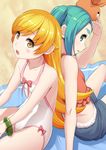  :d :o aqua_hair arm_support back-to-back bakemonogatari bangs bare_shoulders beach beach_towel blonde_hair blush_stickers bow bracelet breasts casual_one-piece_swimsuit collarbone cowboy_shot crop_top day eyebrows eyebrows_visible_through_hair fang flat_chest flipped_hair frills from_side fur_trim green_eyes hand_on_headwear hand_up hat head_tilt jewelry long_hair looking_at_viewer looking_back midriff monogatari_(series) multiple_girls murata_isshin one-piece_swimsuit ononoki_yotsugi open_mouth oshino_shinobu outdoors parted_bangs pink_bow pointy_ears profile sand shiny shiny_hair short_pointy_ears shorts sidelocks sitting small_breasts smile surprised swimsuit tank_top thick_eyebrows towel transparent twintails white_swimsuit yellow_eyes 