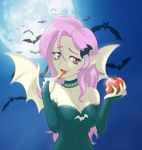  5_fingers anthro apple bat breasts clothed clothing female fluttershy_(mlp) food friendship_is_magic fruit hair looking_at_viewer mammal membranous_wings moon my_little_pony night open_mouth outside pink_eyes pink_hair pointy_ears saliva sky slim teeth tongue wings yellow_skin 