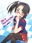  1girl armband bangs black_hair blue_shirt blush checkered checkered_floor crossed_legs english frown glasses hand_on_own_chin headphones internet_positif ipo-chan looking_at_viewer meow_(nekodenki) necktie pantyhose personification plus_sign red_eyes red_skirt shirt side_ponytail sitting skirt solo striped symbol-shaped_pupils 