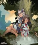  animal_ears barefoot breasts brown_hair cat_ears feet final_fantasy final_fantasy_xiv hair_ornament highres lalafell medium_breasts miqo'te multiple_girls navel norasuko partially_submerged silver_hair sitting skirt skirt_hold smile stomach tree water white_mage 