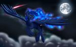  2015 absurd_res blue_eyes blue_fur blue_hair cloud cosmic_hair crazyaniknowit cutie_mark detailed_background equine eyelashes feathered_wings feathers flying friendship_is_magic fur hair hi_res horn mammal moon my_little_pony night princess_luna_(mlp) sky smile solo spread_wings star starry_sky winged_unicorn wings 