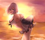  arms_behind_back ass bare_shoulders bikini breasts cleavage fate/grand_order fate_(series) glasses looking_at_viewer mash_kyrielight medium_breasts purple_eyes purple_hair short_hair smile solo sunset sushimaro swimsuit swimsuit_of_perpetual_summer thighs twitter_username 