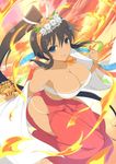  1girl breasts female fire homura_(senran_kagura) kimono large_breasts long_hair looking_at_viewer official_art ponytail senran_kagura smile solo tan 