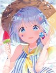  blue_eyes blue_hair blush bright_pupils bubble food fruit hat hitsukuya jewelry looking_at_viewer necklace open_mouth original popsicle short_hair smile solo straw_hat striped tareme upper_body watermelon watermelon_bar wide-eyed 