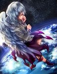  angel_wings bangs boots dress earth feathered_wings flying from_above from_side hand_to_own_mouth jacket kishin_sagume leg_up lens_flare light_particles long_sleeves nagare profile purple_dress purple_footwear red_eyes silver_hair single_wing solo space star_(sky) touhou white_hair white_wings wings 