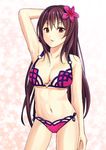  bad_id bad_pixiv_id bikini breasts brown_hair cleavage fate/grand_order fate_(series) flower hair_flower hair_ornament heart_ring_top hibiscus large_breasts mugipot navel red_eyes scathach_(fate)_(all) scathach_(swimsuit_assassin)_(fate) side-tie_bikini solo standing swimsuit 
