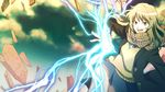  blonde_hair blue_skirt brown_eyes coat coppelion electricity irae_creation long_hair miniskirt open_mouth outdoors ozu_kanon scarf skirt sky solo sweater_vest 