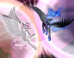  absurd_res black_feathers blue_eyes cosmic_hair crazyaniknowit duo equine feathered_wings feathers feral flying friendship_is_magic hair hi_res hooves horn mammal my_little_pony pink_eyes pink_hair princess_celestia_(mlp) princess_luna_(mlp) ridged_horn sibling sister spread_wings white_feathers winged_unicorn wings 