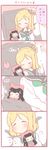  4koma =3 ^_^ bangs black_hair blonde_hair blush braid closed_eyes comic crossed_arms crown_braid hair_rings kurosawa_dia long_sleeves love_live! love_live!_sunshine!! lying_on_person minigirl mole mole_under_mouth multiple_girls neckerchief ohara_mari saku_usako_(rabbit) school_uniform serafuku sigh sitting sleeping smile translated uranohoshi_school_uniform 