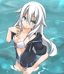  bare_shoulders bikini black_heart blue_eyes breasts cleavage himajin_(starmine) jacket long_hair looking_at_viewer medium_breasts neptune_(series) sketch solo swimsuit very_long_hair white_bikini white_hair 