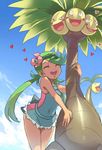  :d absurdres alolan_exeggutor alolan_form blue_sky blush_stickers bow closed_eyes covered_navel day dress exeggutor flower green_hair hair_flower hair_ornament heart highres long_neck mao_(pokemon) multiple_heads ohland open_mouth pokemon pokemon_(creature) pokemon_(game) pokemon_sm short_dress sky sleeveless sleeveless_dress smile trial_captain twintails 