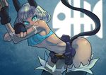  1girl 27_degrees animal_ears animal_tail belt bent_over blue_eyes bob_cut female fingerless_gloves midriff ms._fortune_(skullgirls) scar skullgirls sleeveless_turtleneck solo tagme tail white_hair 