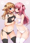  ;d bare_shoulders bell black_bra black_legwear black_panties black_ribbon blonde_hair blue_eyes blush bra breast_press breasts cat_cutout cat_ear_panties cat_lingerie choker cleavage_cutout collarbone embarrassed eyebrows eyebrows_visible_through_hair frown hair_ribbon holding_hands interlocked_fingers jingle_bell looking_at_viewer medium_breasts meme_attire multiple_girls one_eye_closed one_side_up open_mouth original panties pink_hair red_eyes red_ribbon ribbon ruri_rarako side-tie_panties small_breasts smile standing thighhighs underwear wavy_mouth white_bra white_legwear white_panties white_ribbon 