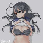 ahoge bangs black_bra black_eyes black_hair bow bow_bra bra breasts chain cleavage closed_mouth collar ebifurya empty_eyes eyebrows eyebrows_visible_through_hair grey_background hair_between_eyes hands_on_own_chest highres kantai_collection large_breasts long_hair looking_away navel purple_bow school_uniform serafuku shadow shirt_lift short_sleeves simple_background solo stomach tears twitter_username underwear upper_body ushio_(kantai_collection) 