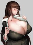  bangs blunt_bangs breasts brown_eyes brown_hair cleavage girls_und_panzer huge_breasts ion_(cation) lactation lactation_through_clothes long_hair mature nishizumi_shiho solo upper_body 