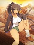  1girl breasts female homura_(senran_kagura) large_breasts legs long_hair ponytail senran_kagura shorts sitting 
