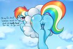  2016 anus blush butt cloud cutie_mark dialogue dock elzzombie english_text equine female feral friendship_is_magic hair hi_res horse looking_at_viewer mammal multicolored_hair my_little_pony open_mouth outside pony pussy pussy_juice rainbow_dash_(mlp) rainbow_hair rear_view solo text 