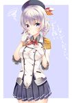  alternate_hair_length alternate_hairstyle beret blue_eyes breasts epaulettes gloves hat highres kantai_collection kashima_(kantai_collection) mashiro_aa medium_breasts military military_uniform pout short_hair silver_hair solo translation_request uniform wavy_hair white_gloves 