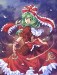  :d arm_ribbon back_bow bad_id bad_pixiv_id bangs blurry blush bokeh bow depth_of_field dress eyebrows_visible_through_hair feet_out_of_frame fireflies frilled_bow frilled_ribbon frills front_ponytail green_eyes green_hair hair_bow hair_ribbon kagiyama_hina long_hair looking_at_viewer looking_back nature night open_mouth pico_(picollector79) puffy_short_sleeves puffy_sleeves red_bow red_dress red_ribbon revision ribbon short_sleeves skirt_hold smile solo spinning touhou wrist_ribbon 